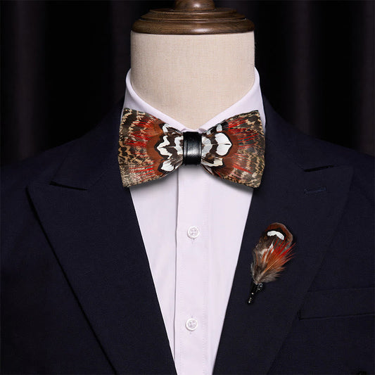 Brown & Red Feather Bow Tie with Lapel Pin