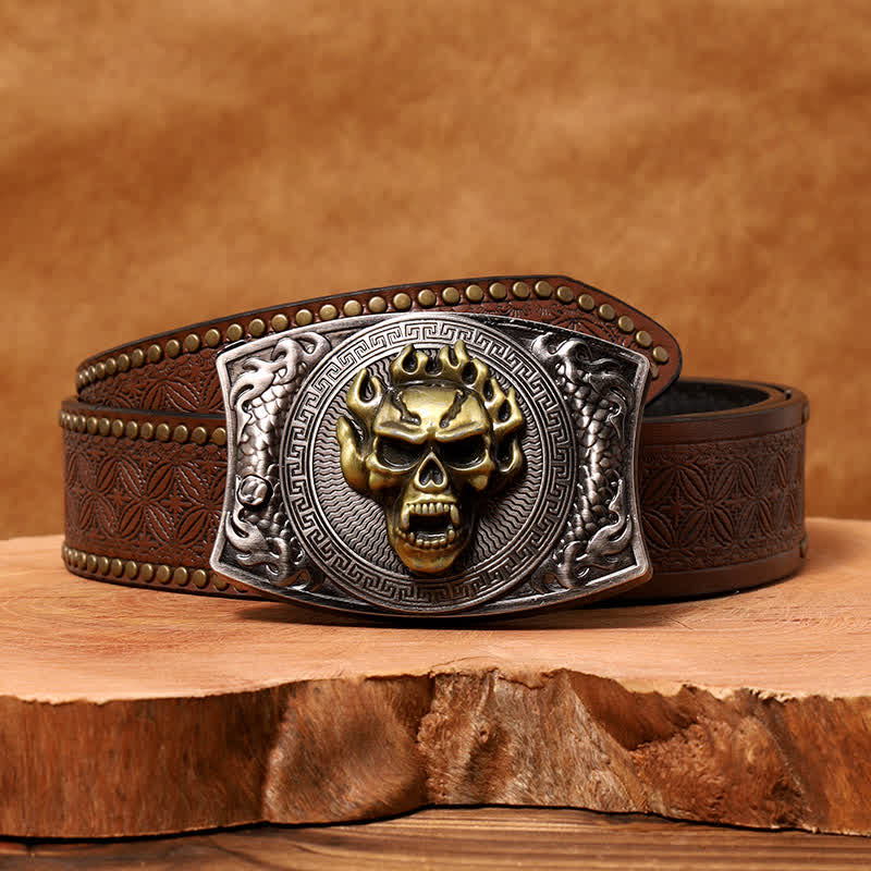 Men's DIY Flame Skull Hidden Folding Knife Leather Belt