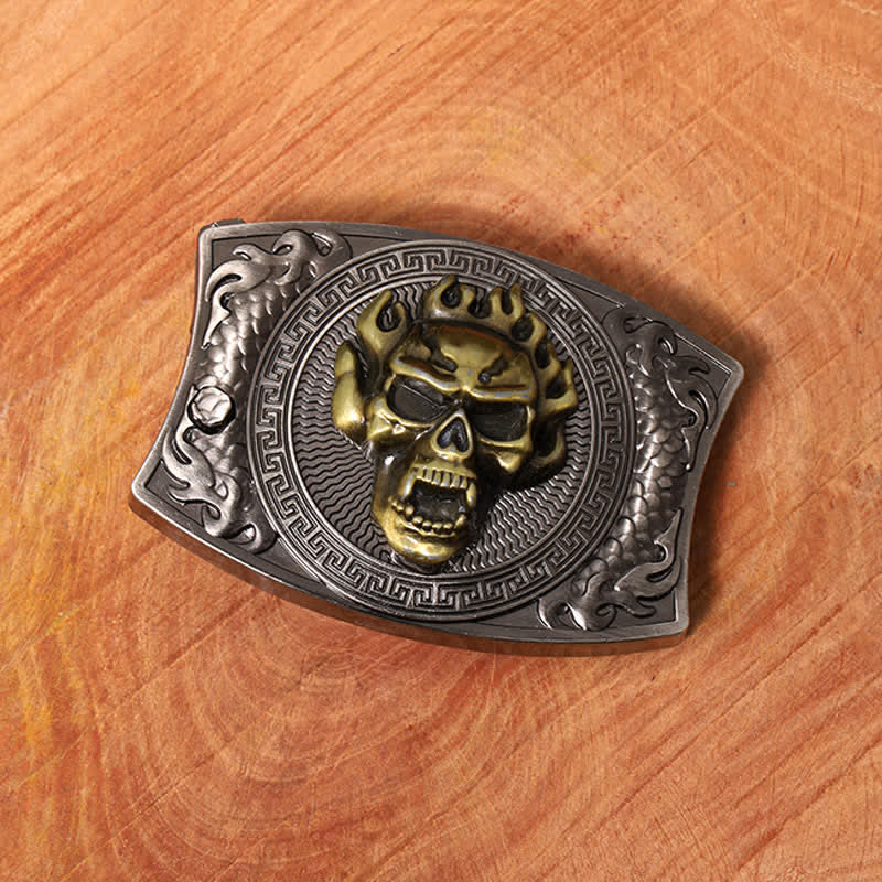 Men's DIY Flame Skull Hidden Folding Knife Leather Belt