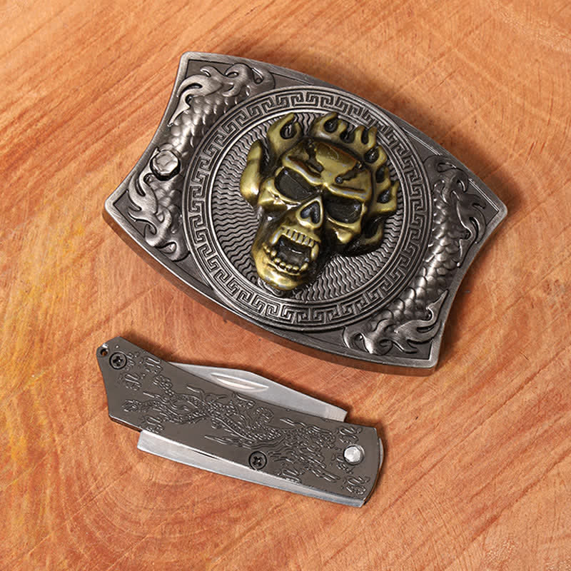 Men's DIY Flame Skull Hidden Folding Knife Leather Belt