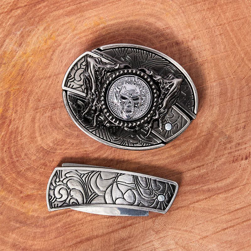 Men's DIY Rotating Skull Hidden Folding Knife Leather Belt