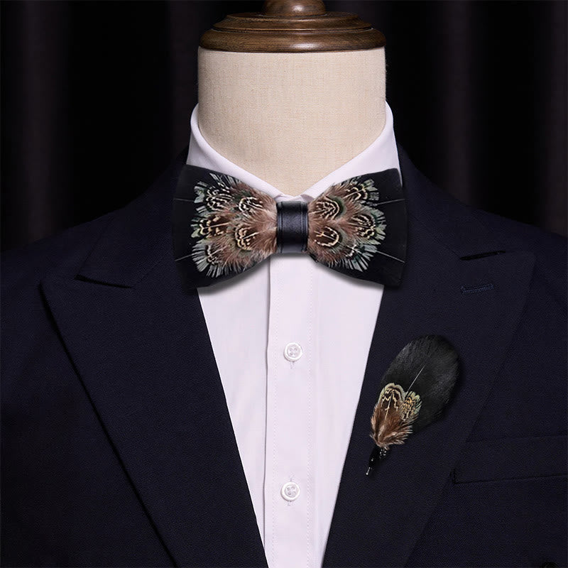 Black & Brown Rich Pheasant Feather Bow Tie with Lapel Pin