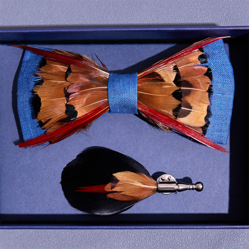 Brown Pheasant Intersected Red Feather Bow Tie