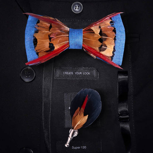 Brown Pheasant Intersected Red Feather Bow Tie