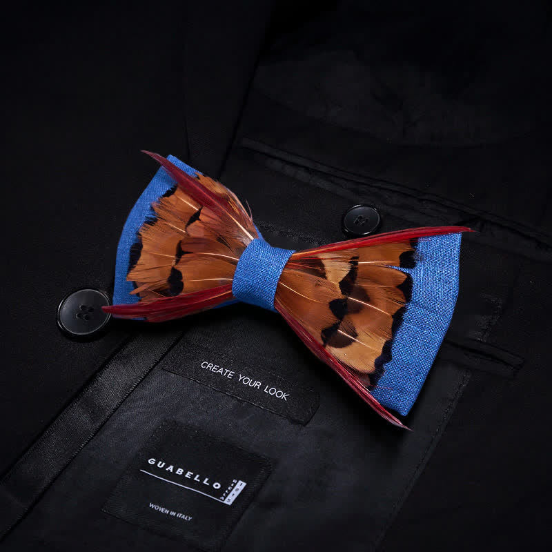 Brown Pheasant Intersected Red Feather Bow Tie