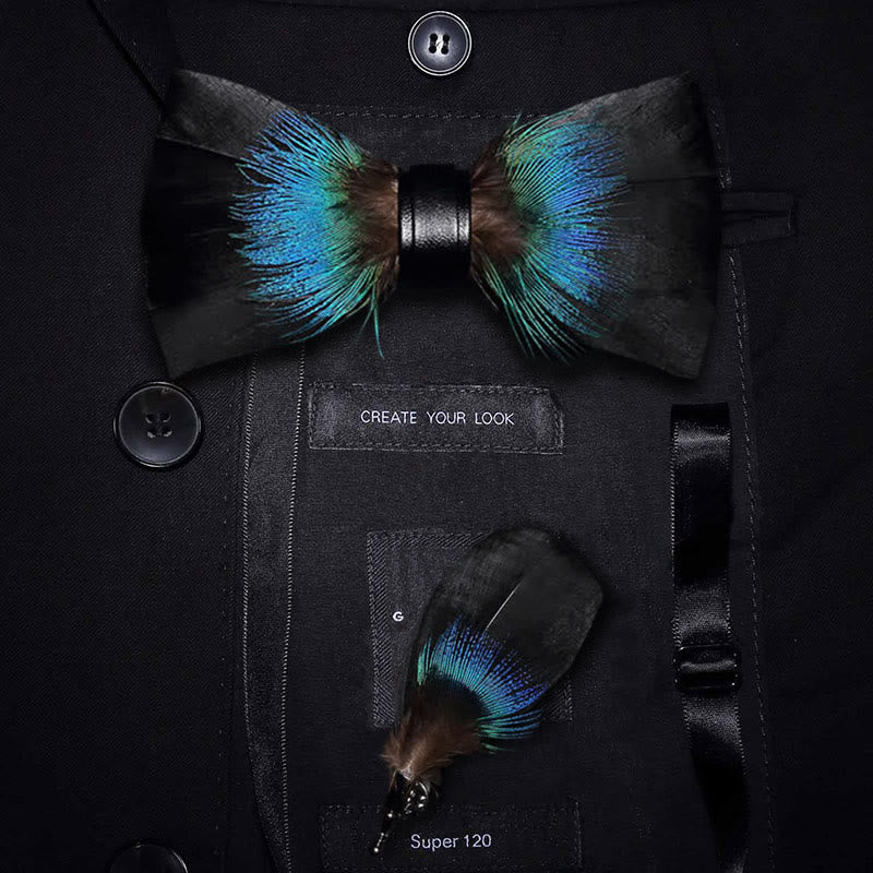 Black & Blue Versatile Feather Bow Tie with Lapel Pin